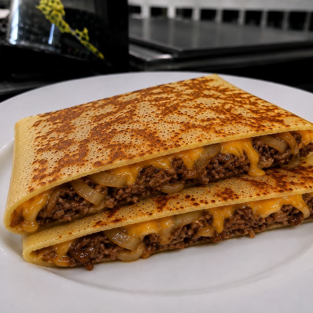 Crepe de Carne c/ Cheddar, Cebola e Molho Inglês