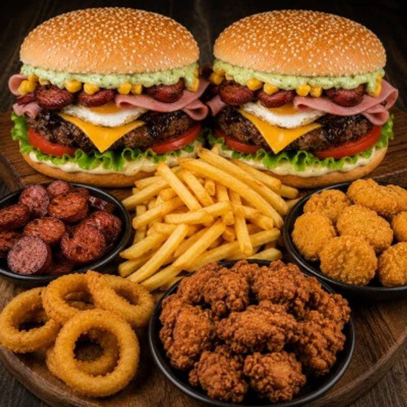 COMBO 4: 2 X-tudo + batata frita + calabresa + nugget + anel de cebola + frango à passarinho.
