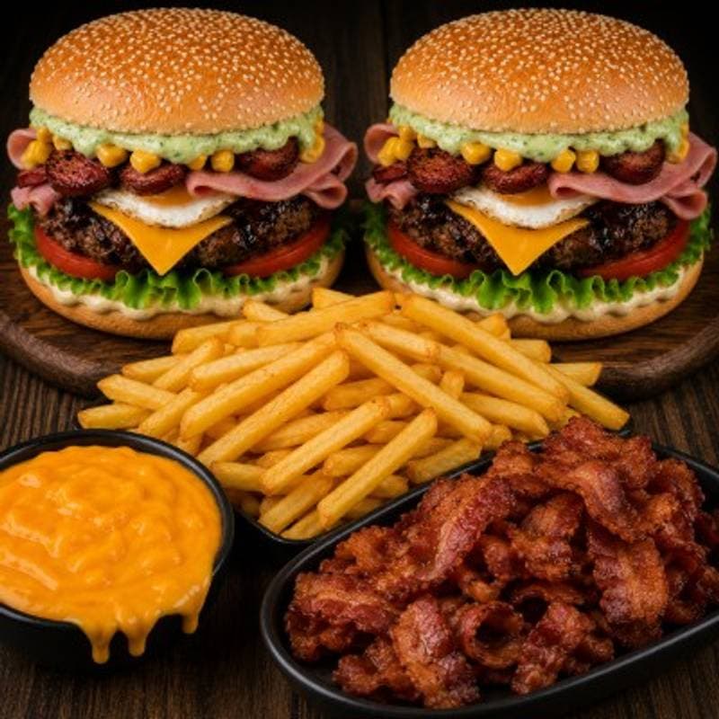 COMBO CASAL 1: 2 X-tudo + Batata Frita + Bacon + Cheddar