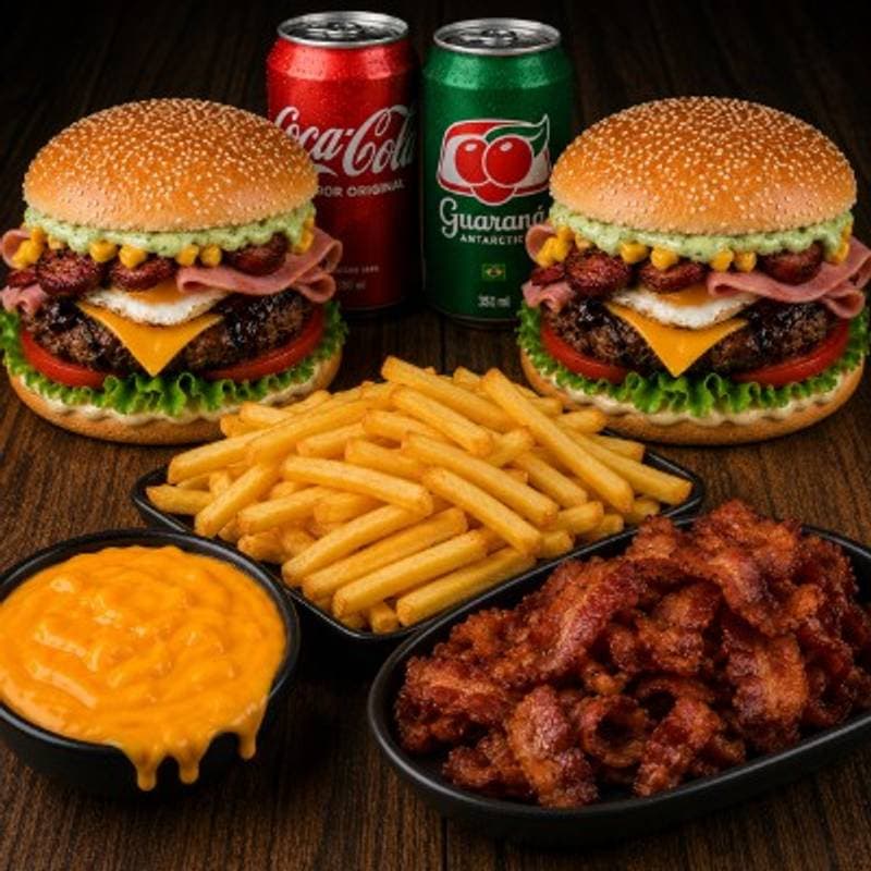 COMBO CASAL 2: 2x X-Tudo + batata + bacon e cheddar + 2 Refris Latas.