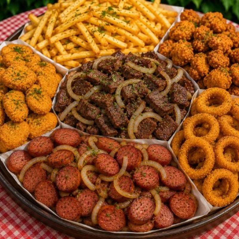 PORÇÃO 10: Batata frita + Salgadinho + Nugget + Anel de Cebola + Calabresa + Contra Filé + Cebola