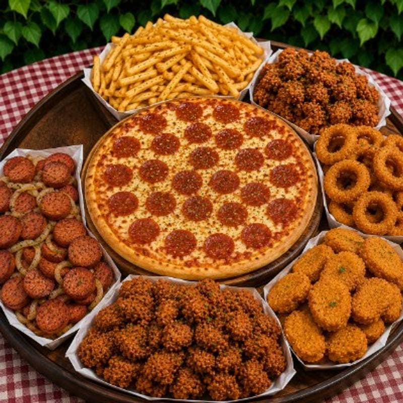 PORÇÃO 8: Pizza de 30cm + Salgadinho + Nugget + Anel de Cebola + Frango à passarinho + Batata frita + Calabresa.