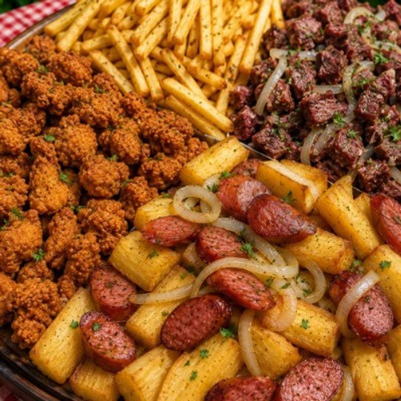 PORÇÃO 9: Carne de Sol + Frango à passarinho + Batata frita + Aipim com liguiça mineira.