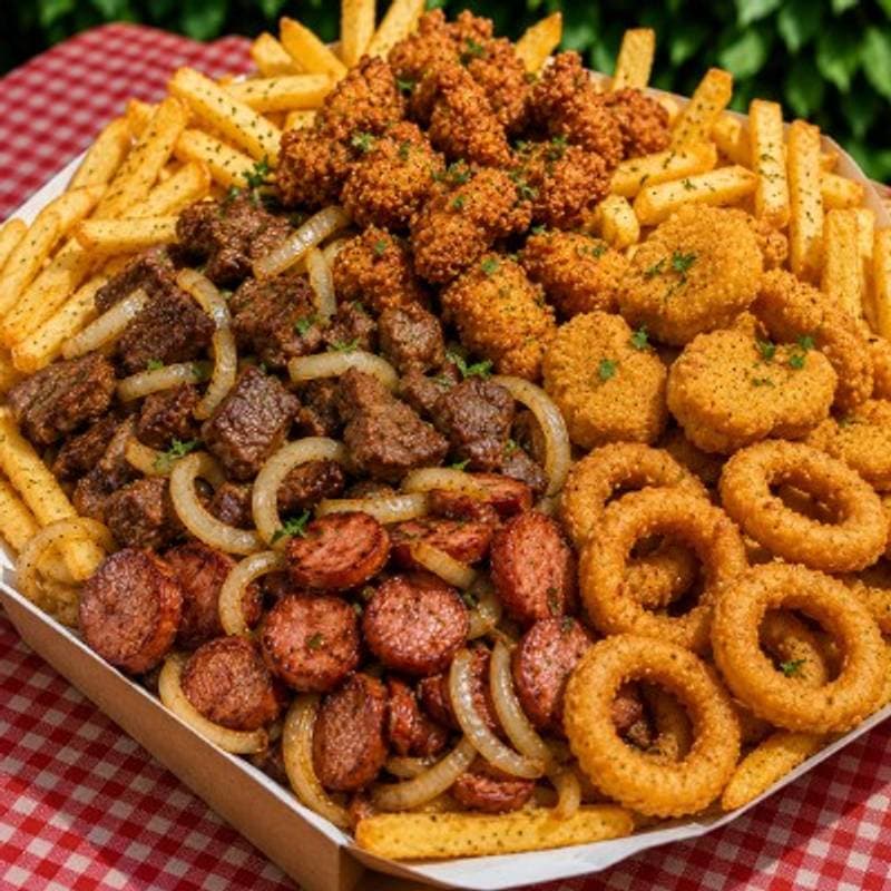 PORÇÃO 6: Batata frita + Frango à passarinho + Contra Filé + Nugget + Anel de Cebola + Calabresa + Cebola