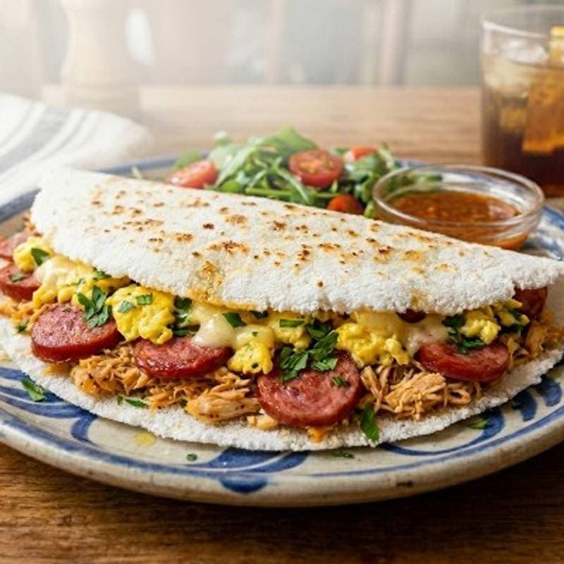 Tapioca de Calabresa, Dois ovos e Queijo coalho