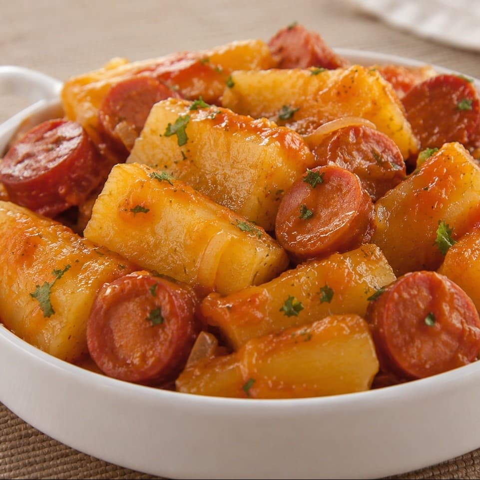 Macaxeira com Salsicha no Molho