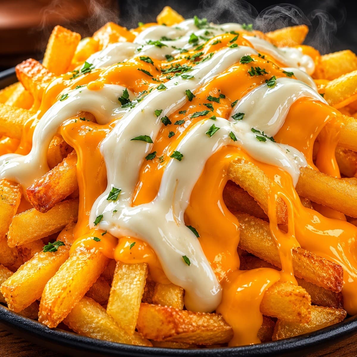 Batata frita com cheddar e requeijão