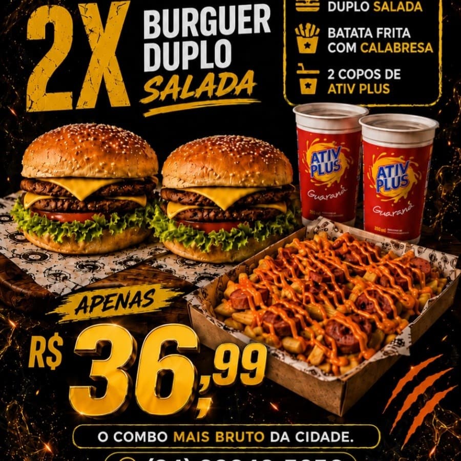 Combo Casal : 2 X- Burguer Duplo Saldada + Batata Especial + 2 copos de Ativ Plus