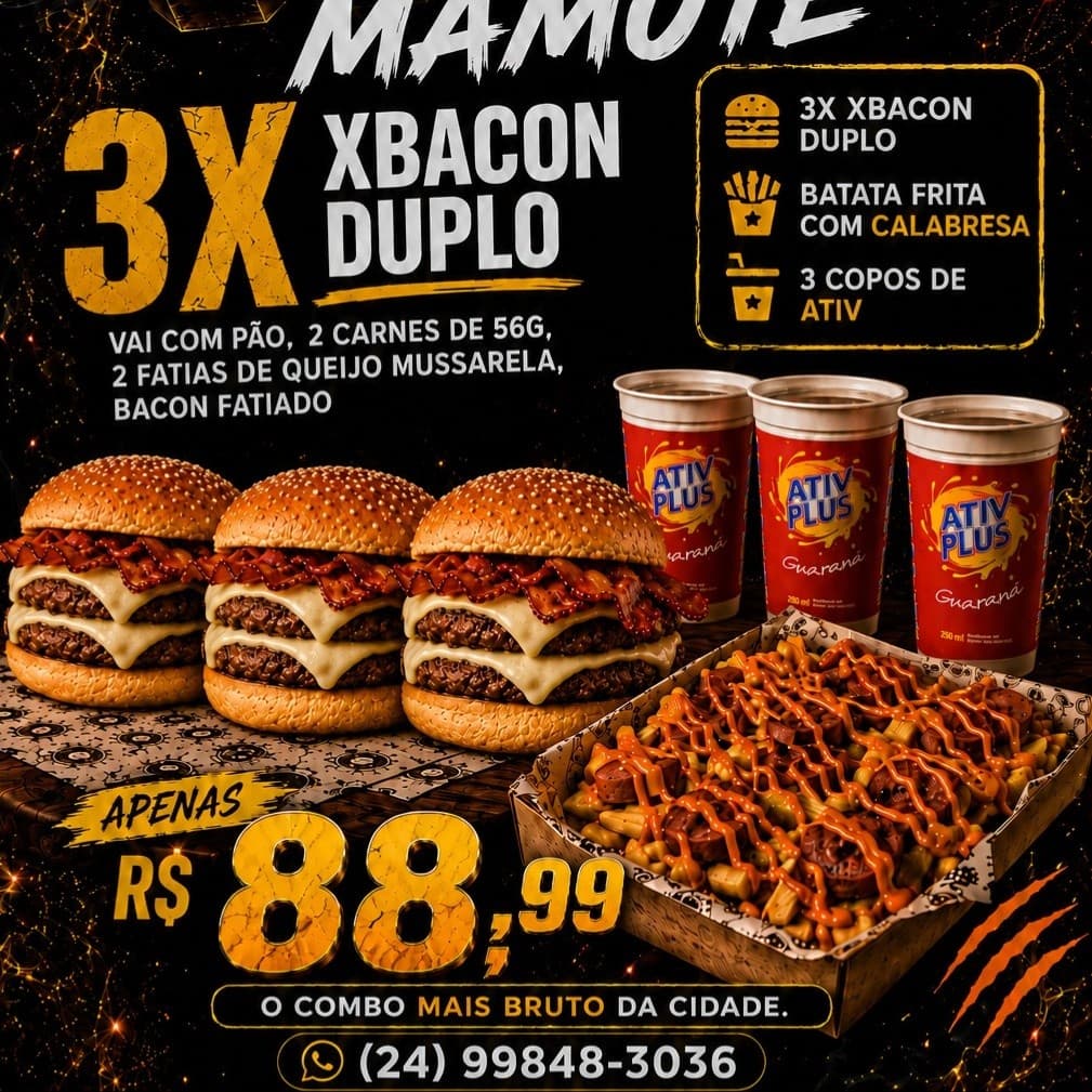 Combo de 3 X- Bacon Duplo + Batata Especial + 3 copos de Ativ Plus