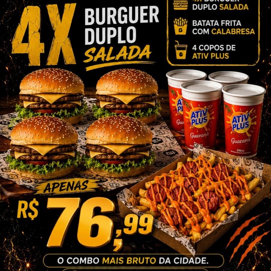 Combo Familia de 4 X- Burguer Duplo Saldada + Batata Especial + 4 copos de Ativ Plus