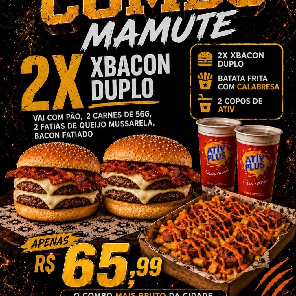 Combo Casal : 2 X- Bacon Duplo + Batata Especial + 2 copos de Ativ Plus