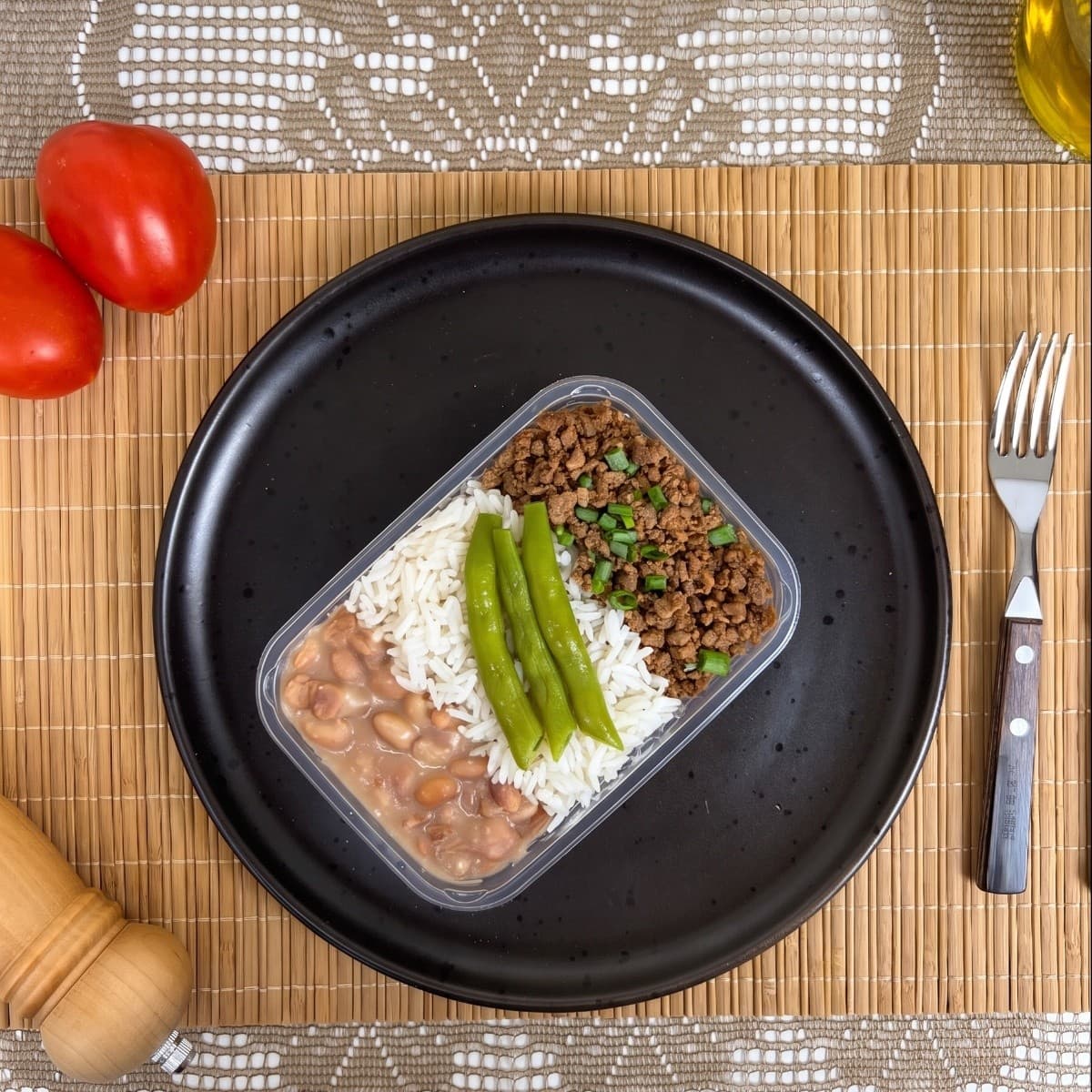 Patinho moído com arroz branco e feijão (300g)