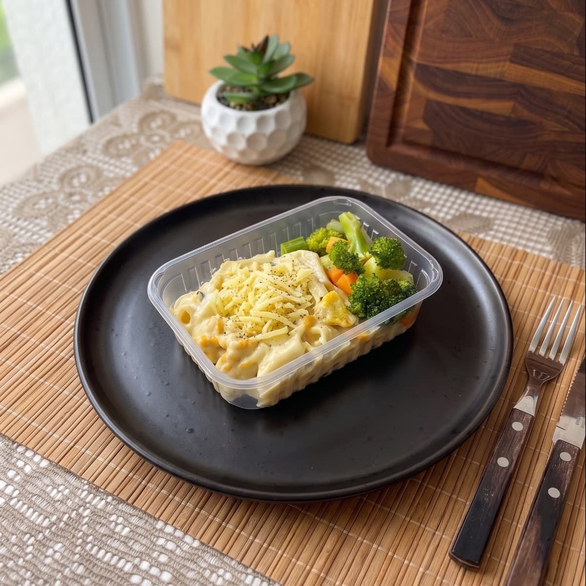 Frango em cubo com macarrão ao molho branco com mix de legumes (300g)