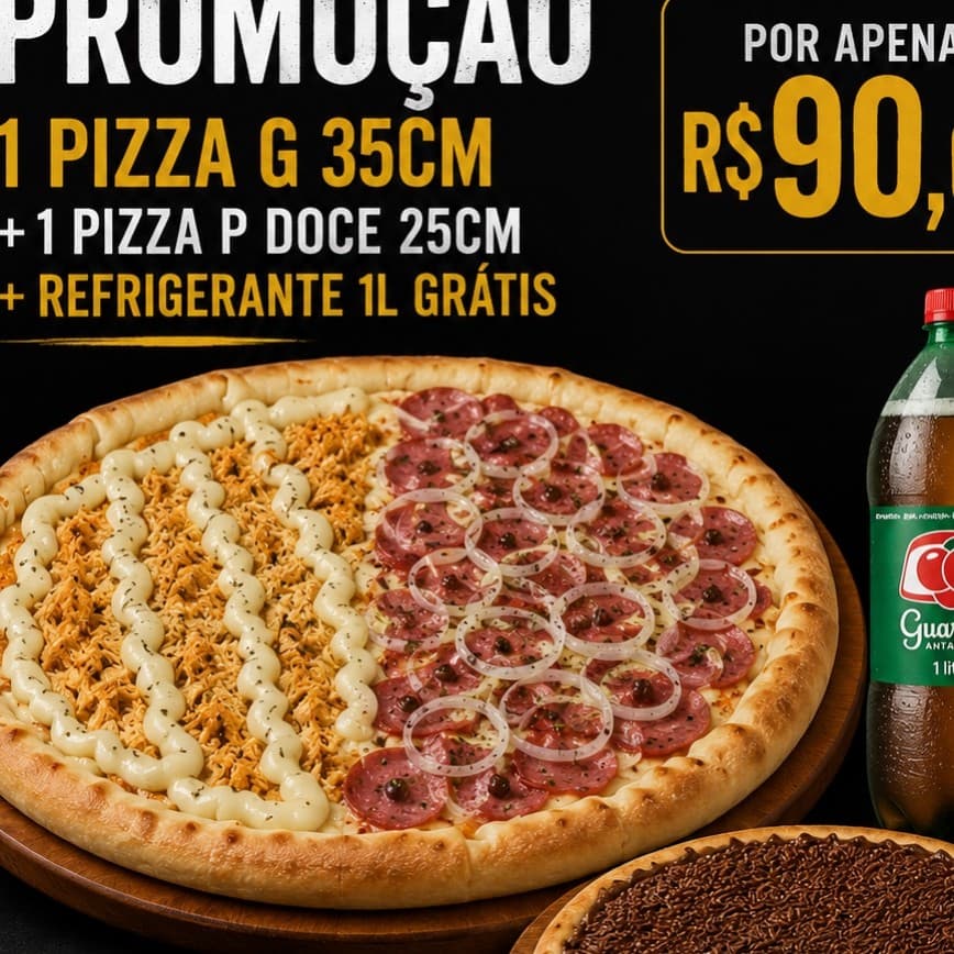 Pizza G 35 cm + pequena doce + refri 1,5L